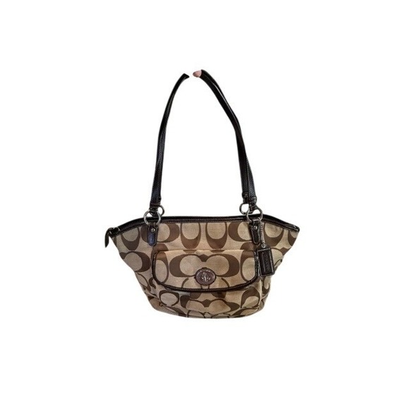 Coach Handbags - Coach Signature Monogram Canvas Leather Shoulder Bag Khaki Brown Tote Zipper
